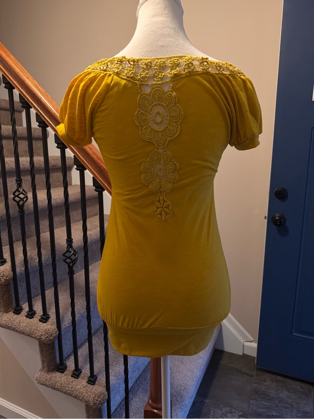 Energie Mustard Yellow Short Sleeve Tunic with Crochet Back Detail